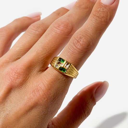 Gold-plated Titanium Green and White With Stone Ring