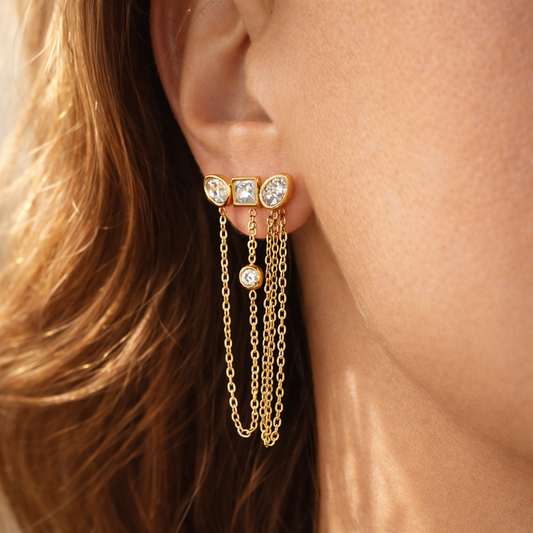 მოოქროვილი ტიტანის თეთრი საყურეები ქვებით