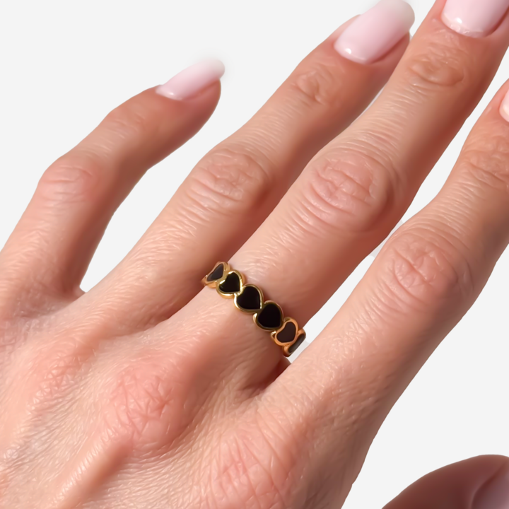 Gold-Plated Titanium Black Ring with Hearts
