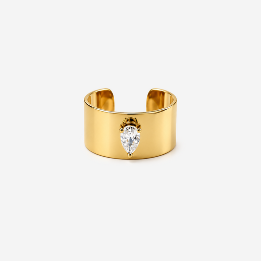 Wide Gold Ring with Pear Stone