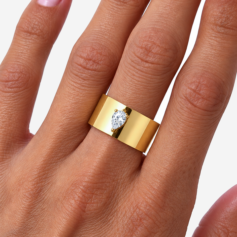 Wide Gold Ring with Pear Stone