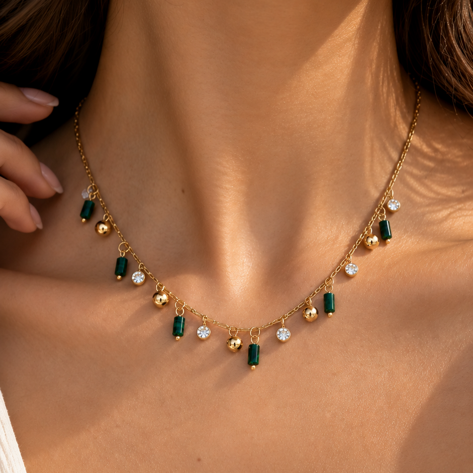 Gold-plated Titanium Green Stone Necklace
