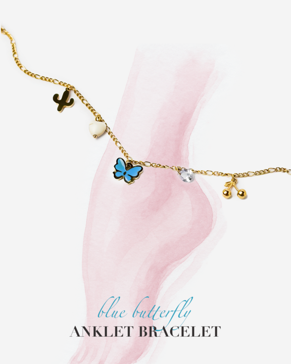 Gold-plated Titanium Colorful Light Blue with Butterflies Bracelet