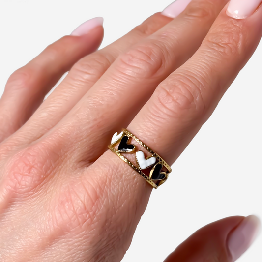 Gold-Plated Titanium Black Ring with Hearts