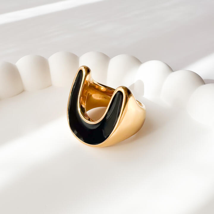 Gold-Plated Titanium Black Ring with Black Design