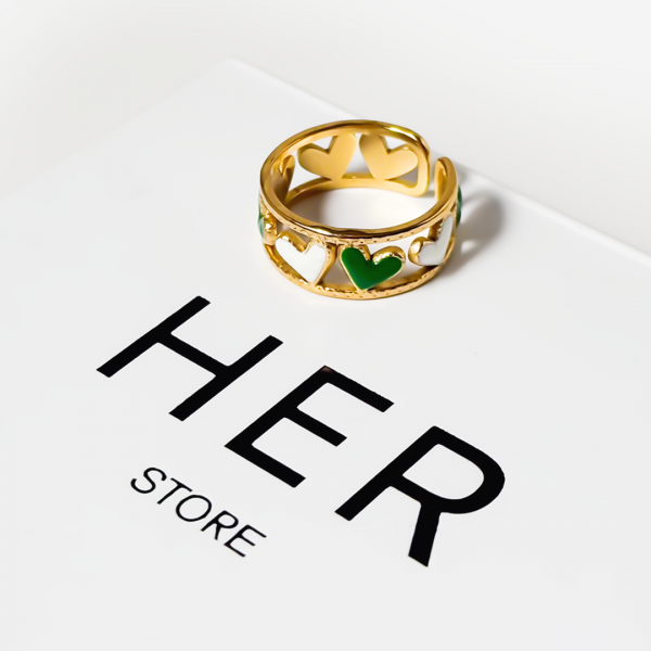 Gold-Plated Titanium Green Ring with Hearts